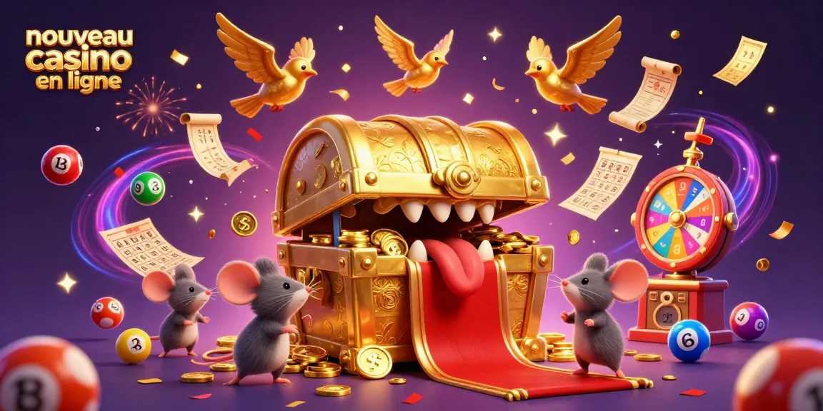 Association ludique au nouveau casino en ligne entourée de boules de loterie colorées et de tickets d'or.