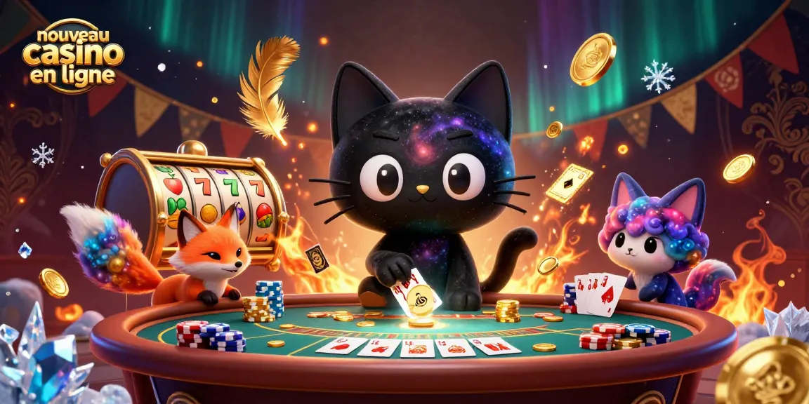 Illustration dynamique d'un nouveau casino en ligne avec un chat trou noir et un renard nébuleux.