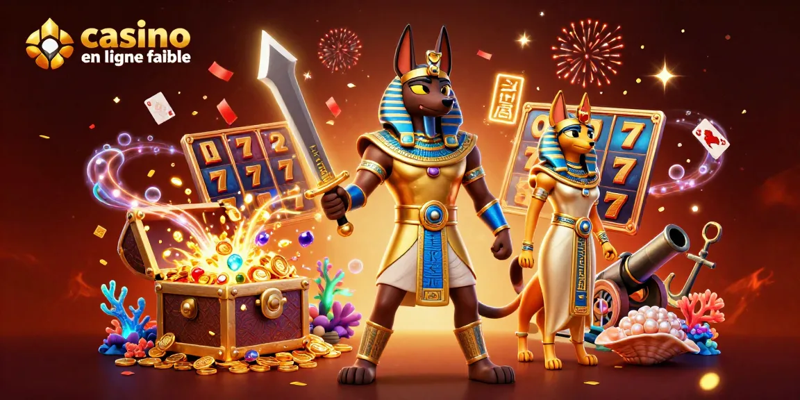 Jouez sur un casino en ligne fiable avec Anubis et Bastet, entourés de symboles de machines à sous étincelants.