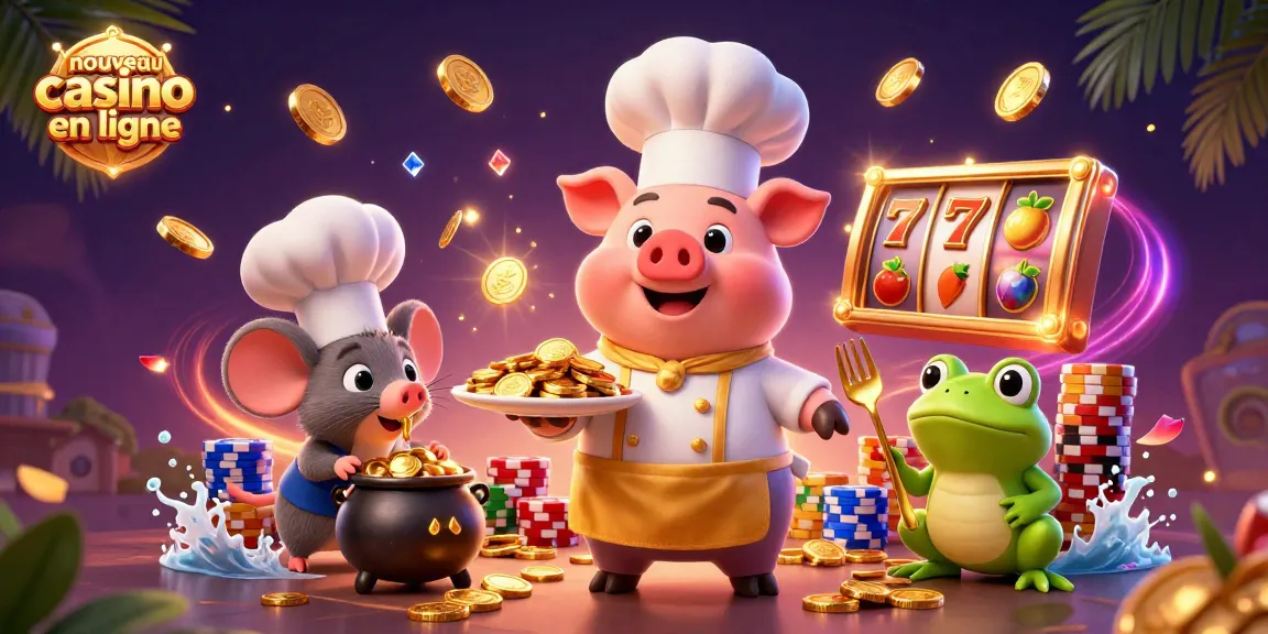 Illustration dynamique avec un chef porc et un critique des jeux au nouveau casino en ligne, entourés de pièces d'or.