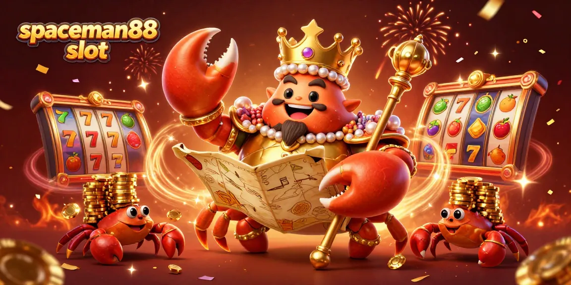 Win big with spaceman88 slot - a vibrant scene featuring a golden crab celebrating with jackpot themes.