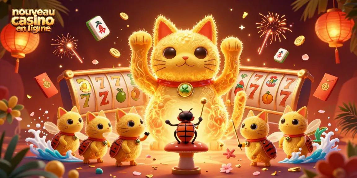 Profitez d'une expérience captivante dans le nouveau casino en ligne avec des symboles de chance et des feux d'artifice éclatants.