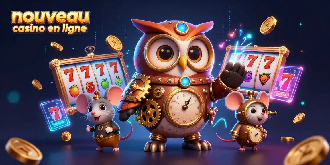 Illustration dynamique de nouveau casino en ligne avec un hibou voyageur et des éléments futuristes.