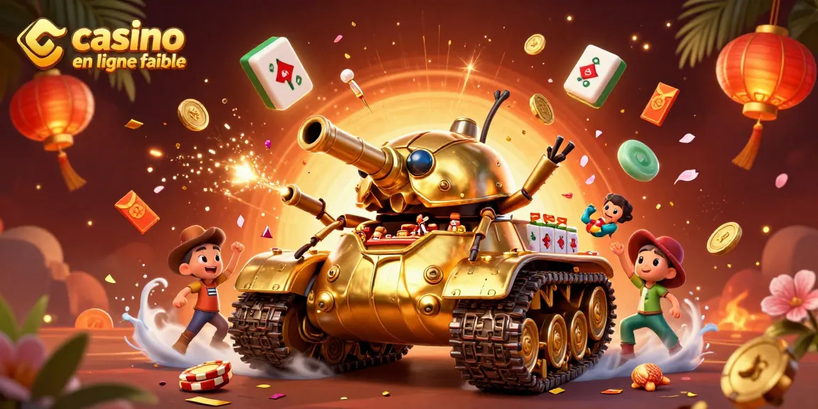 Jouer sur un casino en ligne fiable avec une scène animée incluant un tank doré et des éléments de jeu dynamique.