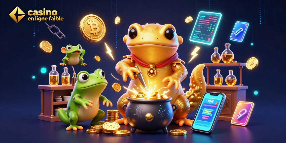 Visualisez la promotion de casino en ligne fiable à travers une scène magique avec l'alchimiste et la monnaie cryptographique.