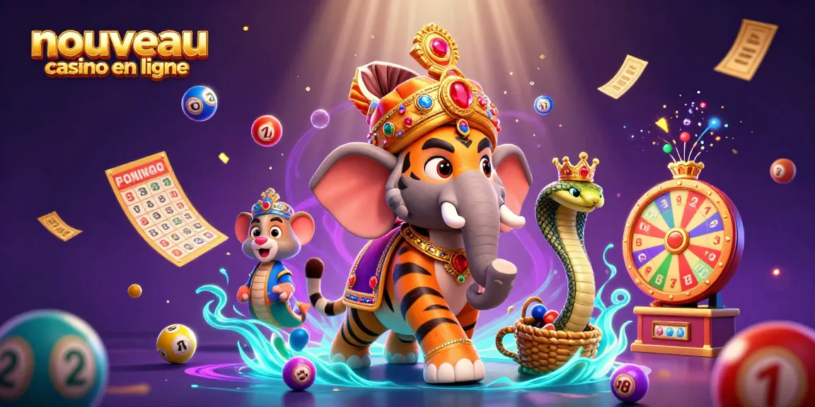 Illustration vibrante représentant un nouveau casino en ligne avec un tigre, un éléphant, et des éléments de loterie.