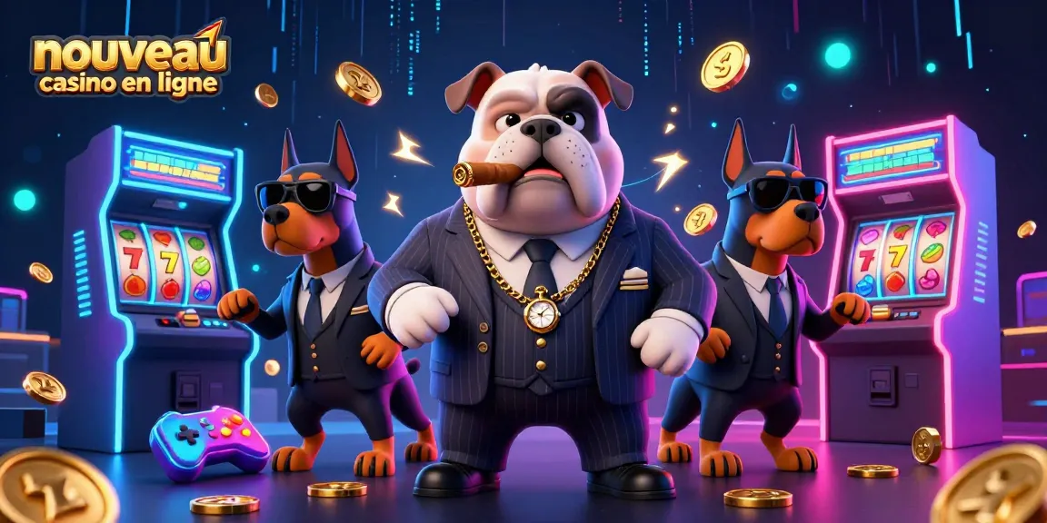 Découvrez l'illustration 3D d'un nouveau casino en ligne avec un bulldog mafieux entouré de jeux animés.