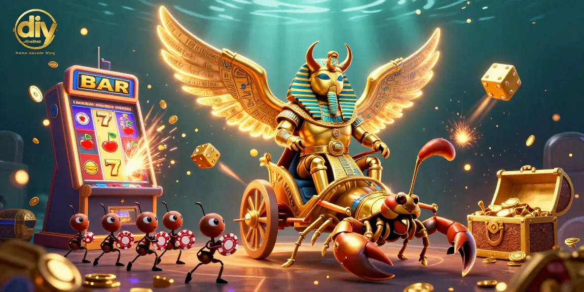 Experience vibrant action in this diy home décor blog-themed casino illustration, featuring a gold beetle and scorpions.