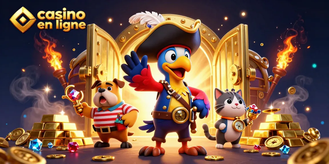 Un pirate, un bulldog et un chat naviguent aux trésors du casino en ligne avec des richesses éclatantes.