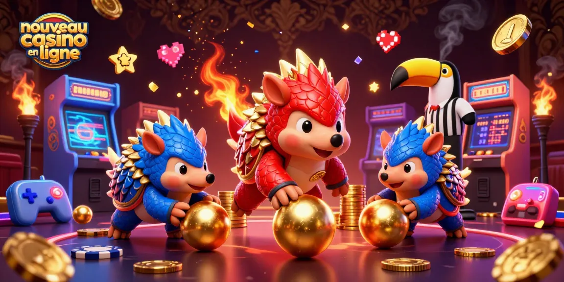 Illustration d'un nouveau casino en ligne avec deux pangolins rivaux et des éléments de jeu colorés.