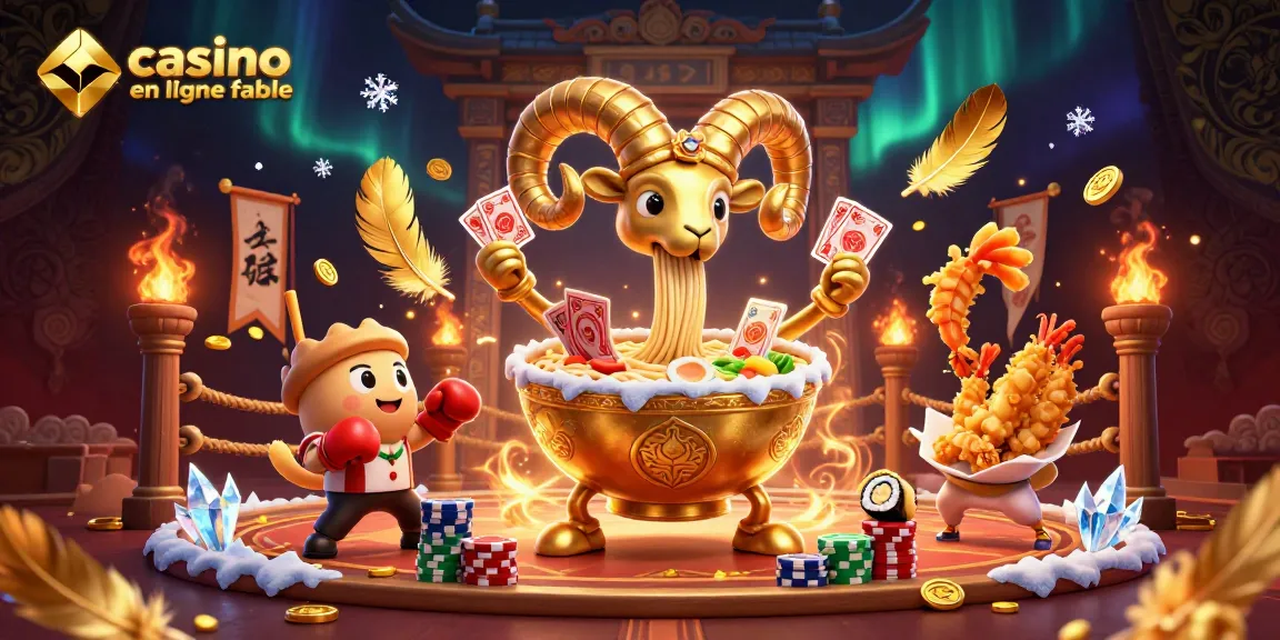 Visuel d'une scène dynamique "casino en ligne fiable" avec un bol de ramen géant, des pièces d'or et des effets de feu.