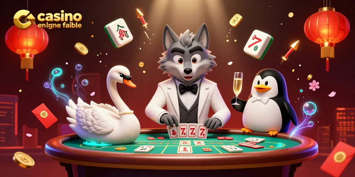 Illustration d'un casino en ligne fiable avec un loup élégant jouant au baccarat, un cygne distribuant des cartes et un pingouin servant du champagne.
