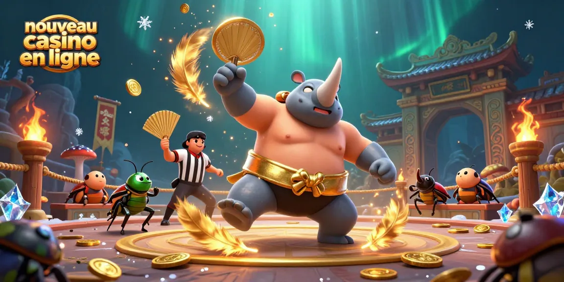 Illustration colorée célébrant le monde du nouveau casino en ligne avec un champion sumo et des pièces d'or.