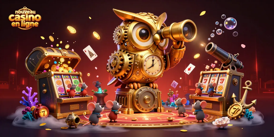 Une illustration 3D animée représentant un nouvel univers de casino en ligne avec une chouette dorée et des machines à sous.
