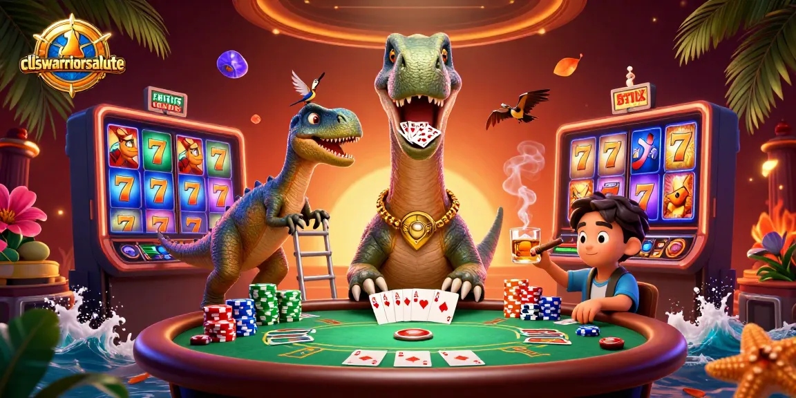 cdswarriorsalute menampilkan brontosaurus dan raptor di meja poker dalam suasana kasino yang meriah.