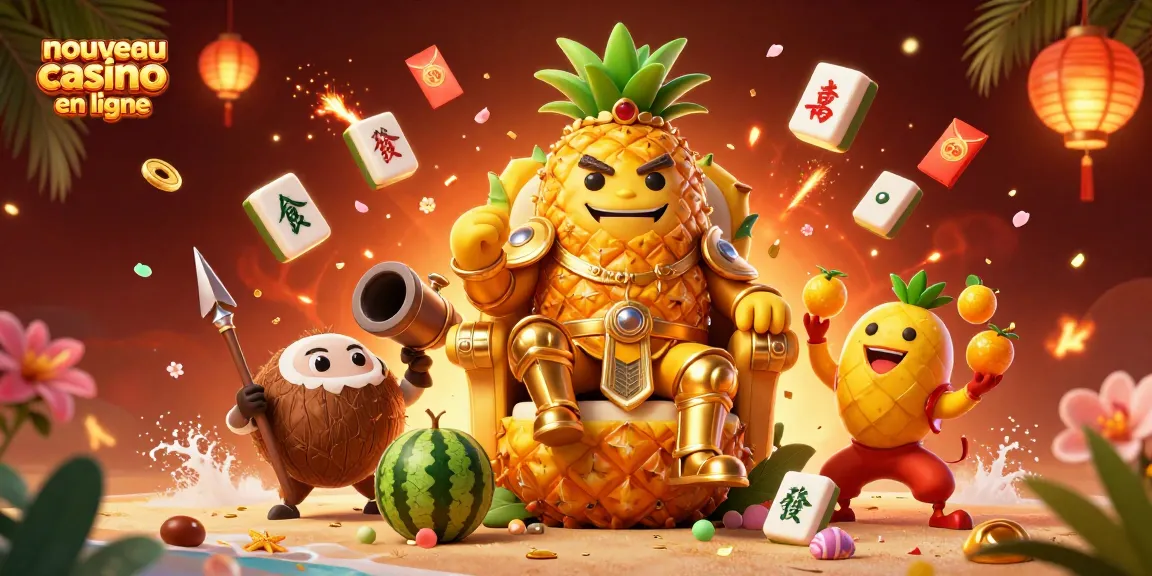 Découvrez une illustration captivante d'un nouveau casino en ligne avec un roi ananas, des gardes et un bouffon sur fond de plage.
