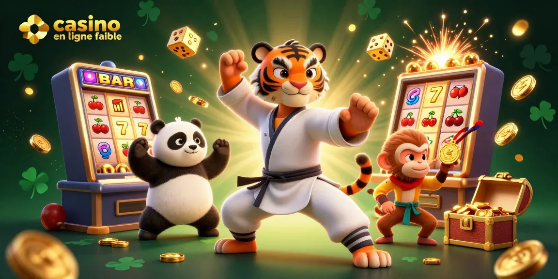 Visualisez le succès avec cette illustration 3D d'un casino en ligne fiable, mettant en avant un tigre kung-fu, un panda, et un singe joueur.