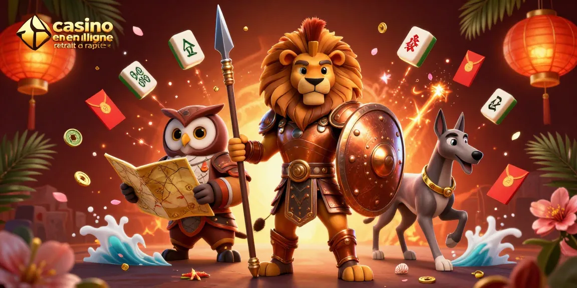 Illustration dynamique de casino en ligne retrait rapide avec un lion spartiate héroïque, un hibou stratège et un lévrier messager.