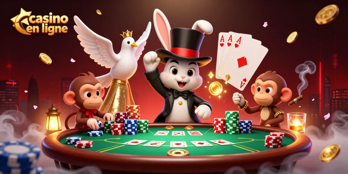 Magicien et assistante en scène d'un casino en ligne, illustrant des jeux de cartes et des jetons.