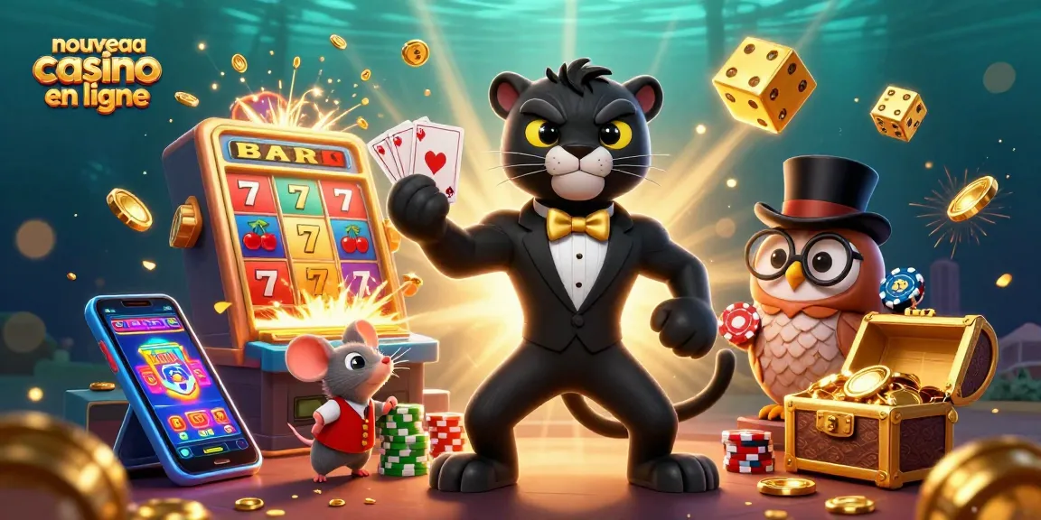 Découvrez un nouveau casino en ligne avec une panthère élégante, une chouette, et une souris chanceuse jouant aux cartes.