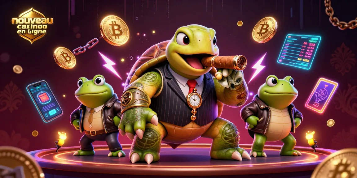 Un nouveau casino en ligne éblouissant avec une tortue massive dans un costume vintage, entourée de pièces de crypto-monnaies et d'éclairages scintillants.