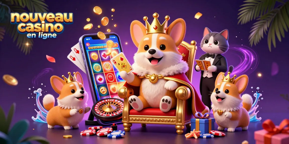 Une scène animée de nouveau casino en ligne avec un corgi royal et un majordome, entouré de jeux d'argent dynamiques.