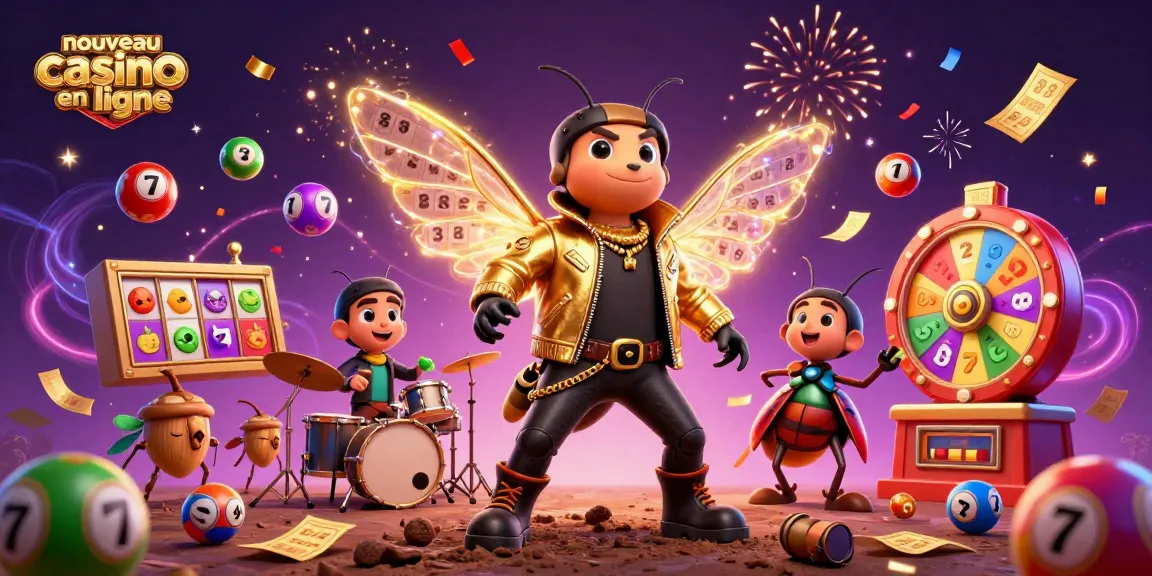 Le nouveau casino en ligne présente un illustratif coloré avec une luciole rock star et des éléments de jeu dynamiques.