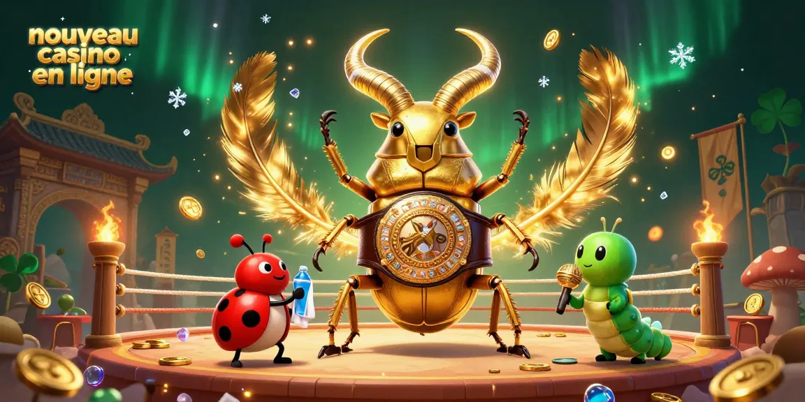 Illustration de l'animation d'un nouveau casino en ligne avec un scarabée doré, mise en scène de jeux