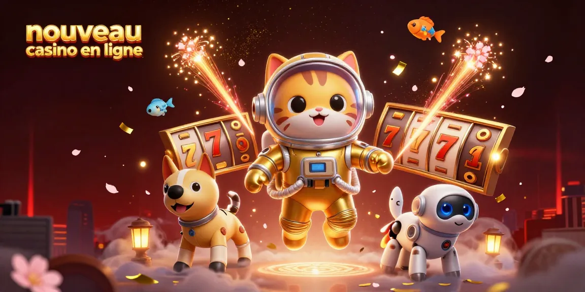 Jouer au nouveau casino en ligne avec des personnages de jeu, machines à sous et ambiance festive.