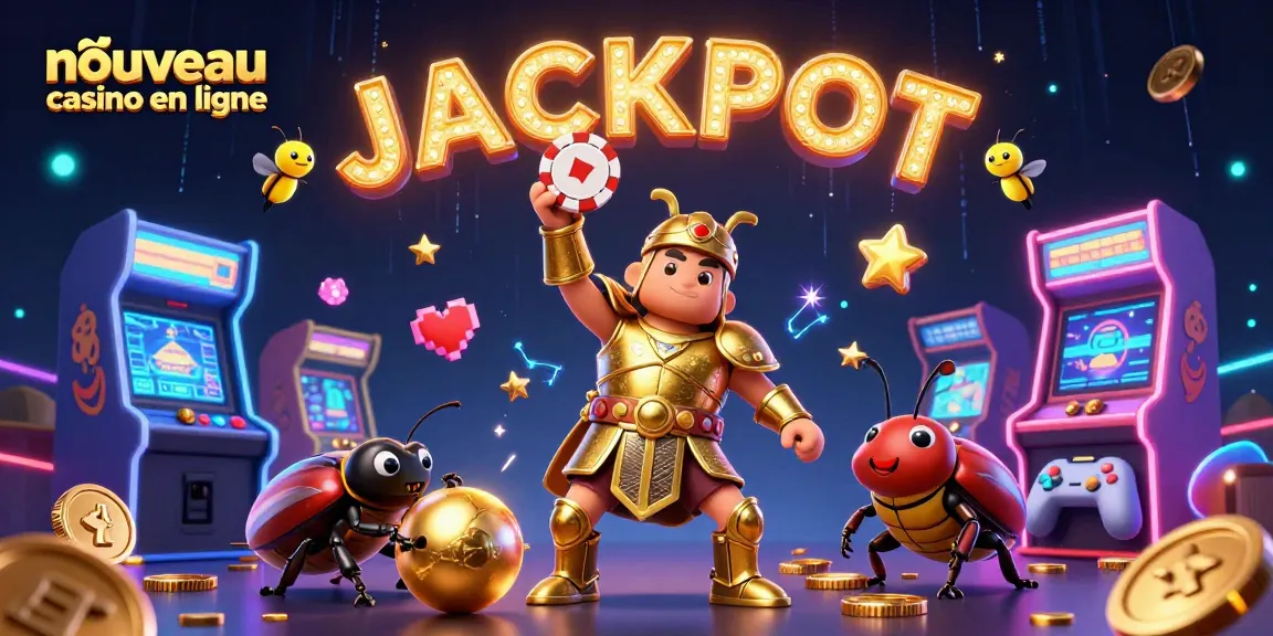Gagnez au nouveau casino en ligne avec un scarabée héros entouré de machines à sous et de feux follets.