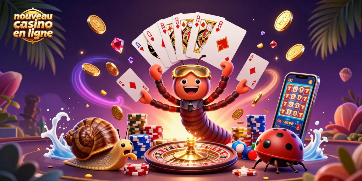 Plongez dans l'univers d'un nouveau casino en ligne, avec un dealer millipède et des jetons colorés.