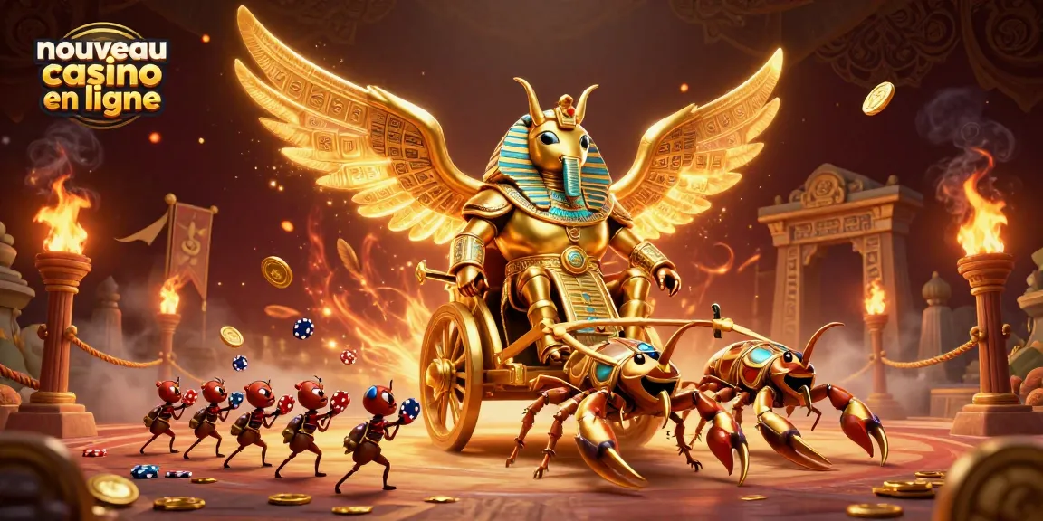 Explorez le nouveau casino en ligne avec un scarabée doré majestueux et des éléments de jeu captivants.