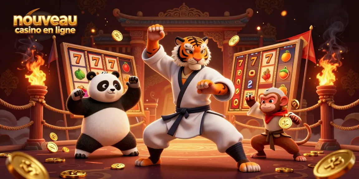 Animations captivantes d'un nouveau casino en ligne avec maître kung fu, panda et singe.