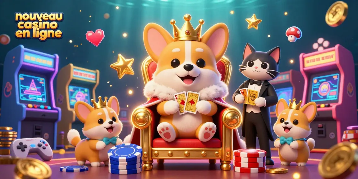 Profitez d'une vue immersive du nouveau casino en ligne avec un corgi royal et un majordome félin dans une scène animée.