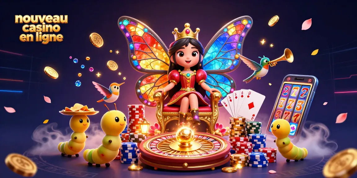Une illustration captivante de "nouveau casino en ligne" avec une reine papillon et des éléments de jeu en cascade.