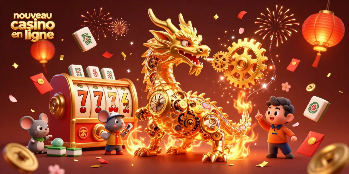 Découvrez les jeux au nouveau casino en ligne avec un dragon doré et des éléments festifs intégrés.
