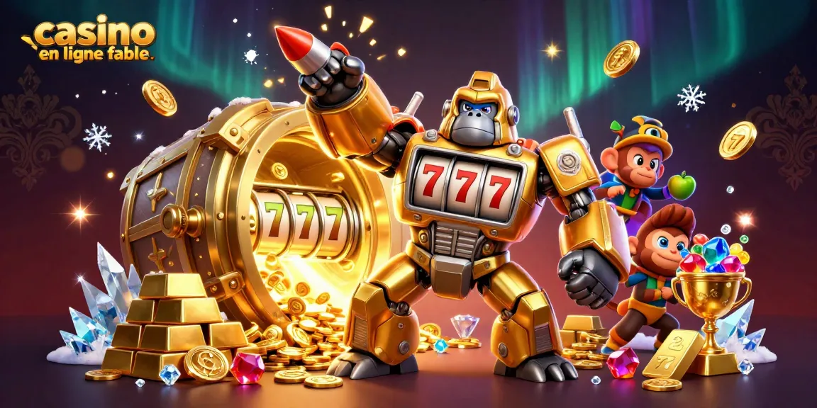 Illustrez le meilleur casino en ligne fiable avec un gorille méca transformateur et un coffre-fort doré.