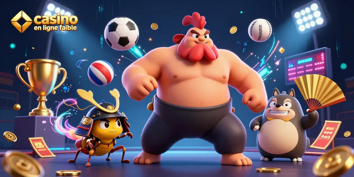 Une illustration animée dynamique de casino en ligne fiable mettant en scène un coq sumo puissant, un grillon samouraï et un tanuki, entourés d'éléments de jeu.