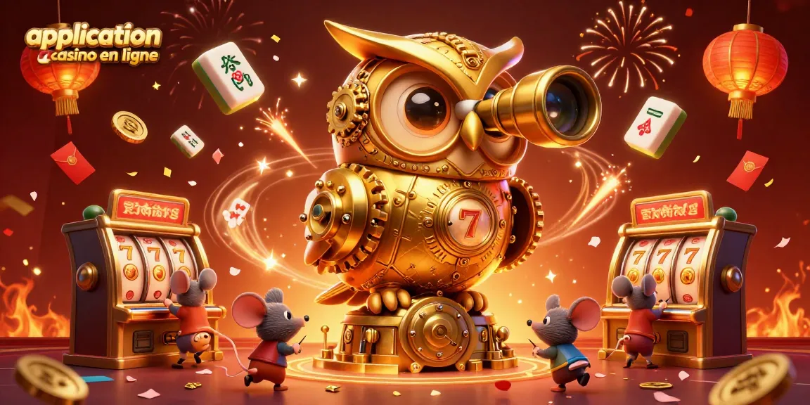 Application casino en ligne : illustration dynamique d'une scène de casino avec hibou et machines à sous