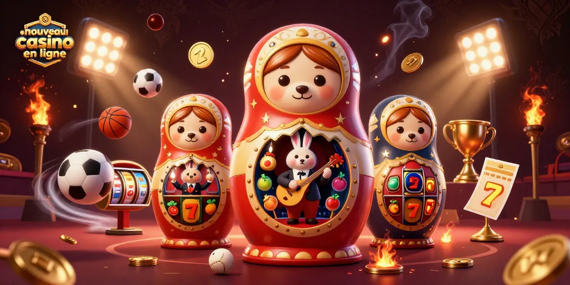 Représentation d'un nouveau casino en ligne avec des ours Matryoshka et des éléments de jeu.