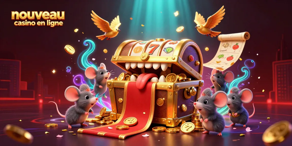 Visuel captivant d'un nouveau casino en ligne avec un coffre au trésor promoteur et des éléments de jeu engageants.