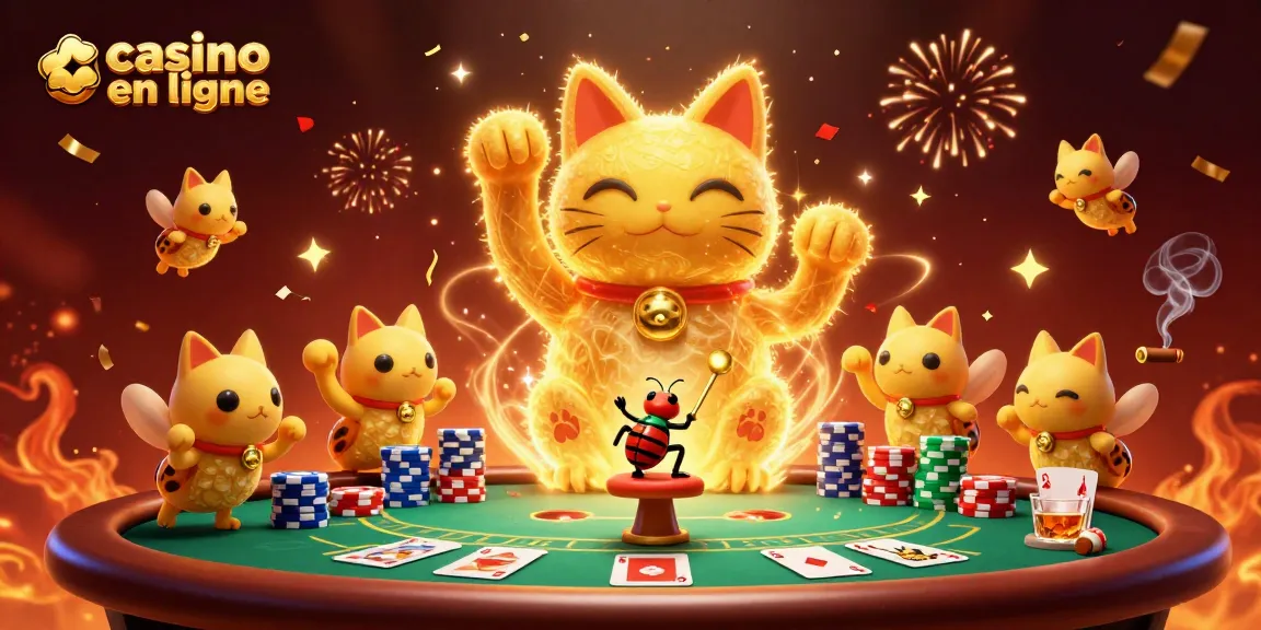 Illustration dynamique représentant un chat porte-bonheur en feu et des éléments de casino en ligne