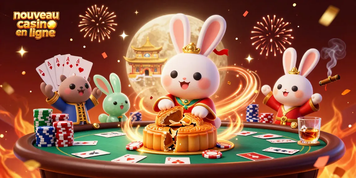 Illustration dynamique du nouveau casino en ligne avec un lapin de lune et des jetons de poker sous une explosion de confettis.