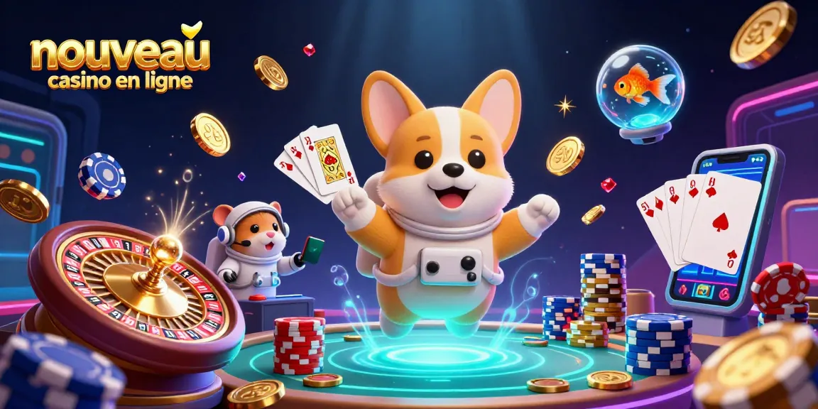 Illustration colorée de nouveau casino en ligne, montrant un corgi astronaute flottant parmi des jetons et des pièces