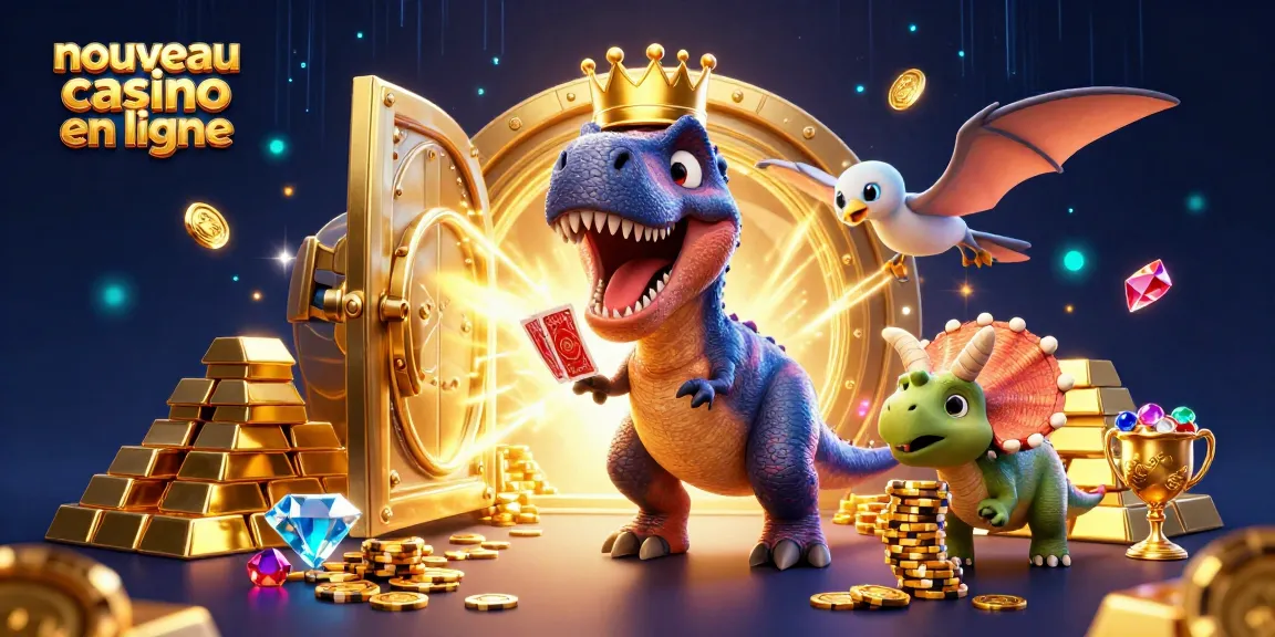 Visuel artistique des dinosaures jouant avec des cartes et des jetons au nouveau casino en ligne entourés de trésors scintillants.