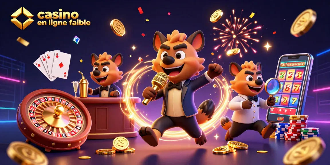 Illustration dynamique d'un casino en ligne fiable avec des hyènes en scène, jeux et succès.