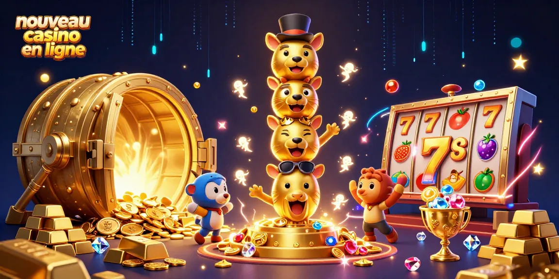 Illustration d'un nouveau casino en ligne avec un totem en or, des jackpots scintillants, offrant des gains et des aventures passionnantes.