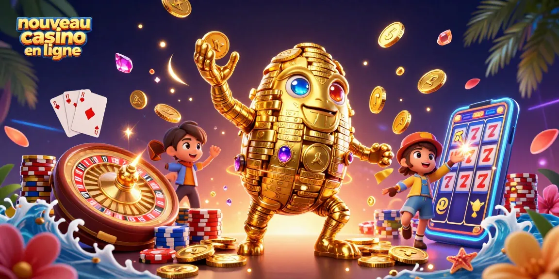 Illustration de nouveau casino en ligne avec un golem doré et des jeux de hasard captivants.