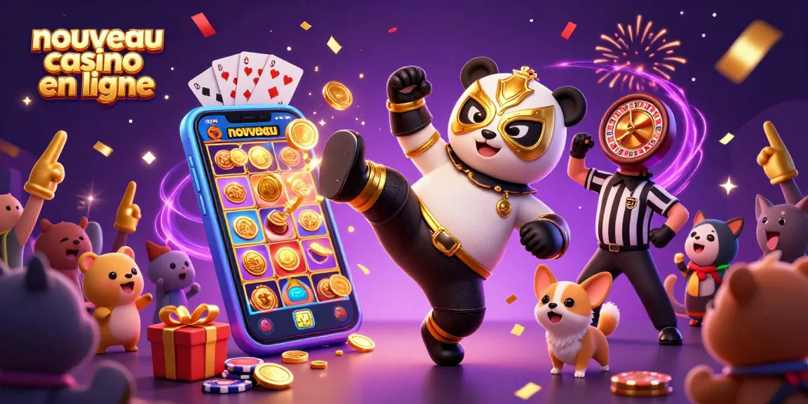 Le nouveau casino en ligne présente une illustration colorée avec un panda lutteur et des animaux célébrant des gains!