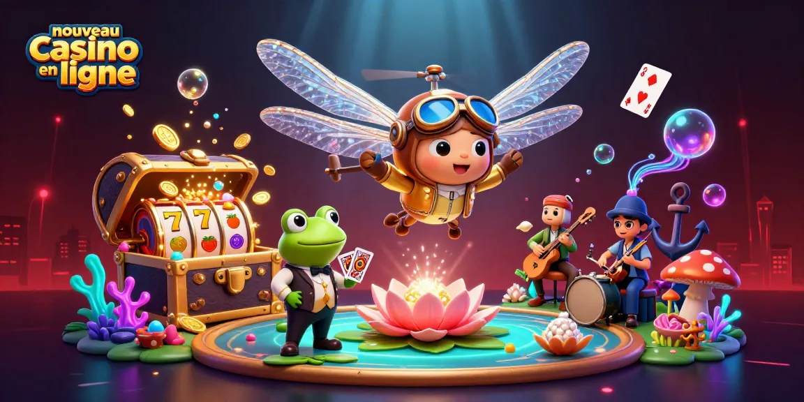 Illustration dynamique d'un nouveau casino en ligne avec un pilote de libellule, un croupier grenouille, et des musiciens, remplie de trésors et d'éléments de jeu.